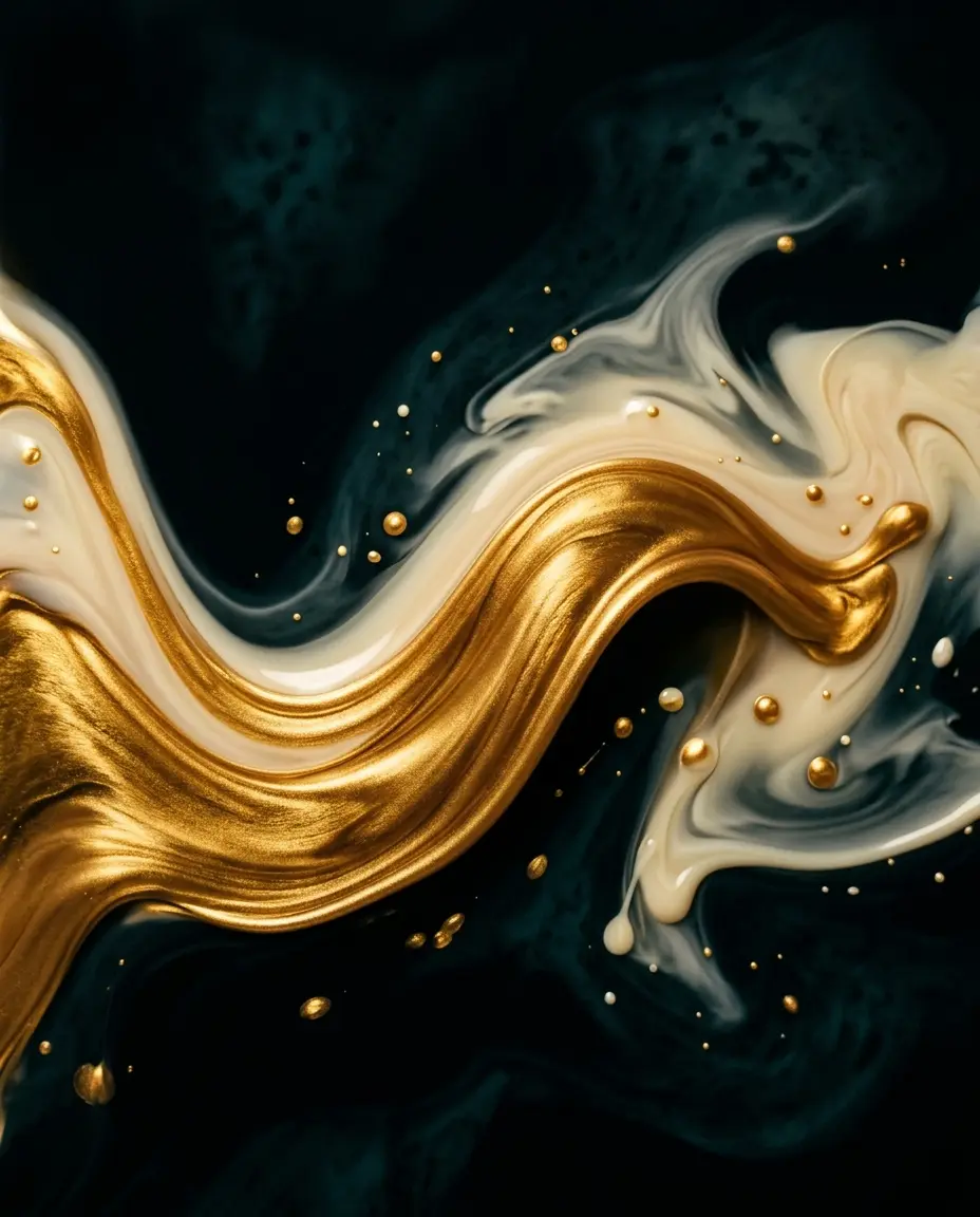 Abstraktes Originalgemälde Goldwelle: eine Welle aus flüssigem Gold bricht über tiefes Petrol