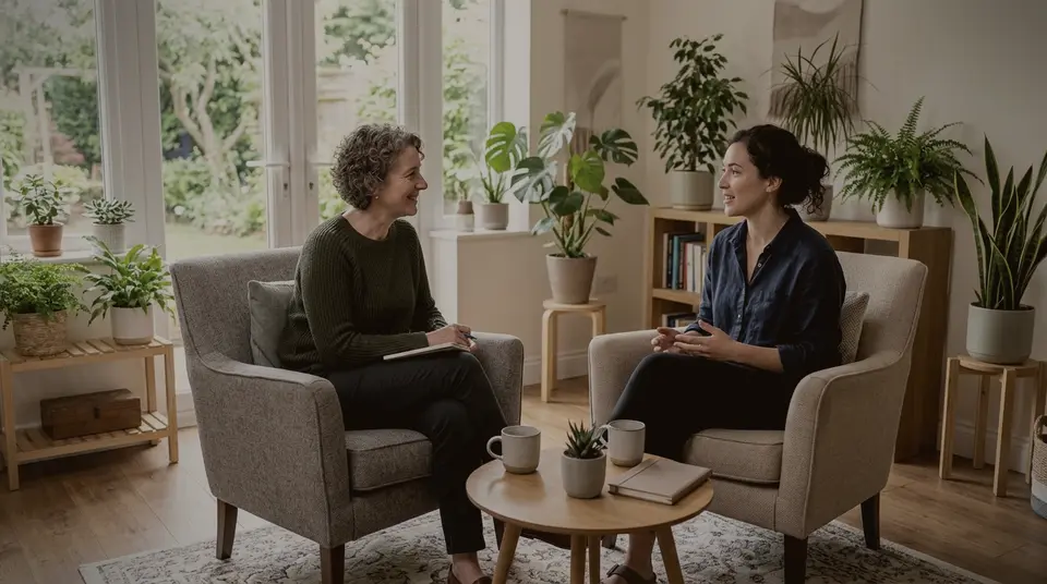 Zwei Frauen im Coaching-Gespräch in einem hellen Raum mit Pflanzen