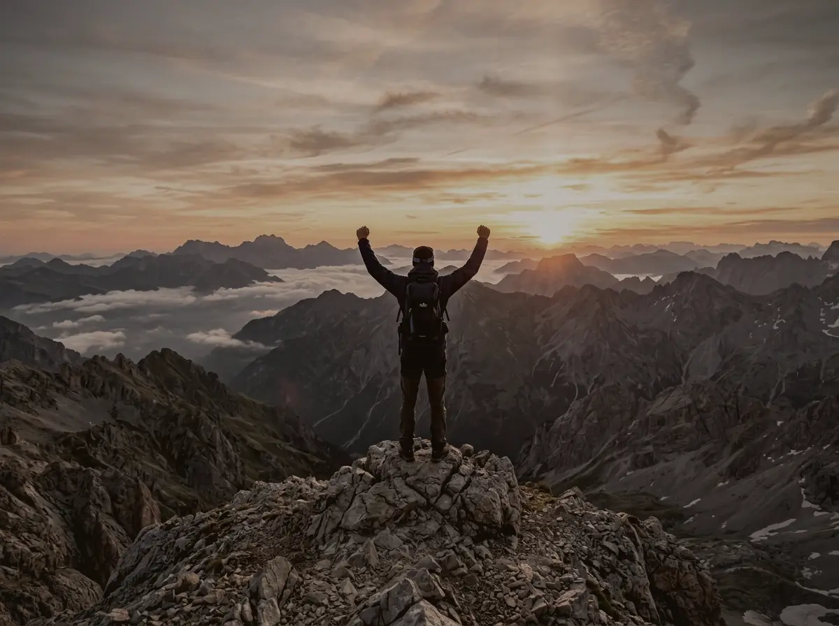Person steht mit erhobenen Armen bei Sonnenaufgang auf einem Berggipfel