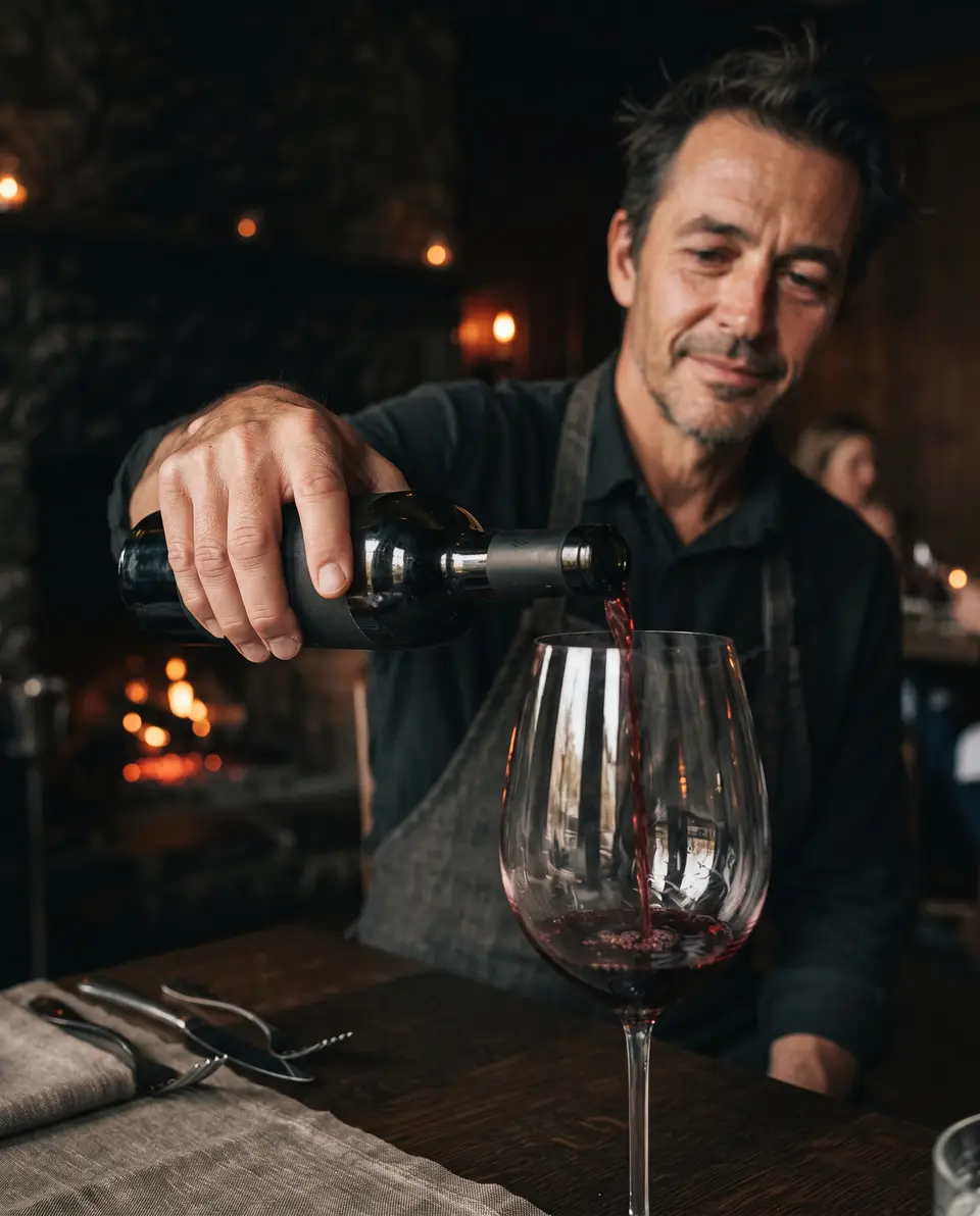 Rotwein wird in ein Glas eingeschenkt