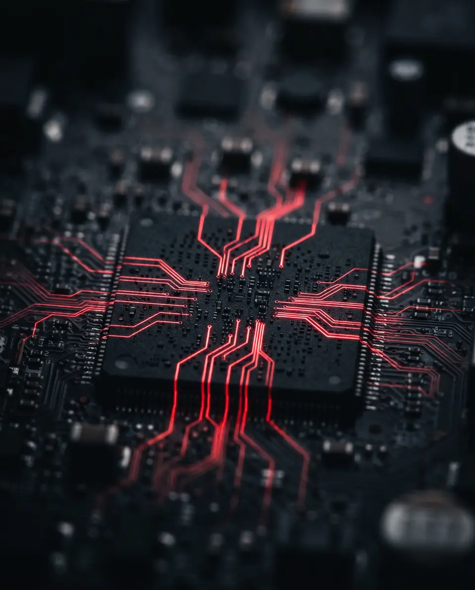 Makroaufnahme eines Computerchips mit feinen Leiterbahnen im roten Licht