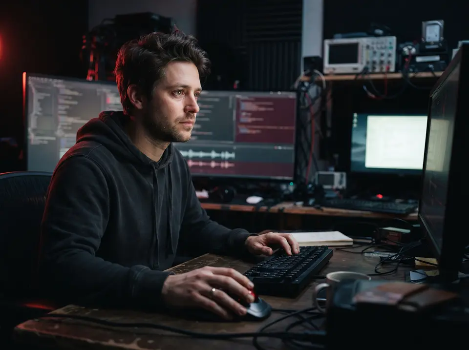 Team der KI-Agentur arbeitet am großen Tisch im abgedunkelten Studio, Bildschirme zeigen Workflows und Entwürfe