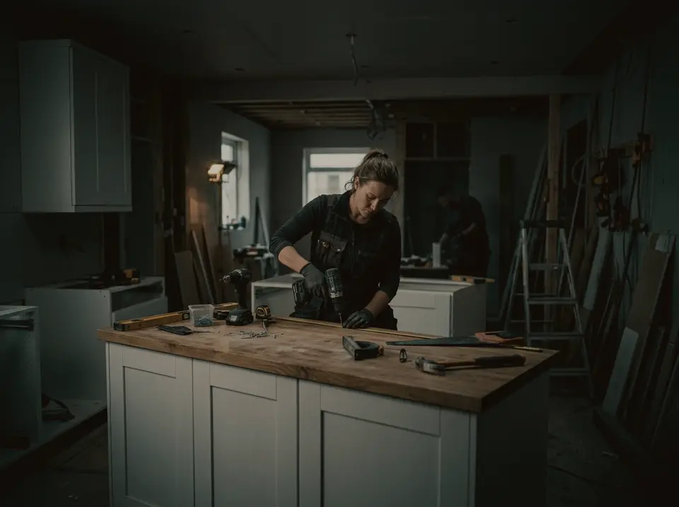 Tischlerin arbeitet an einer Arbeitsplatte aus Holz