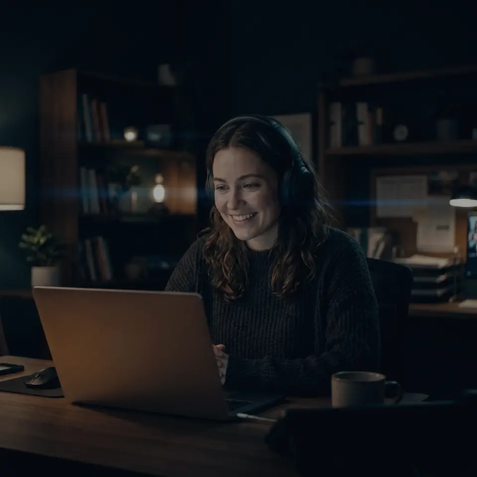 Workshop-Leiterin mit Headset leitet eine Live-Session am Laptop