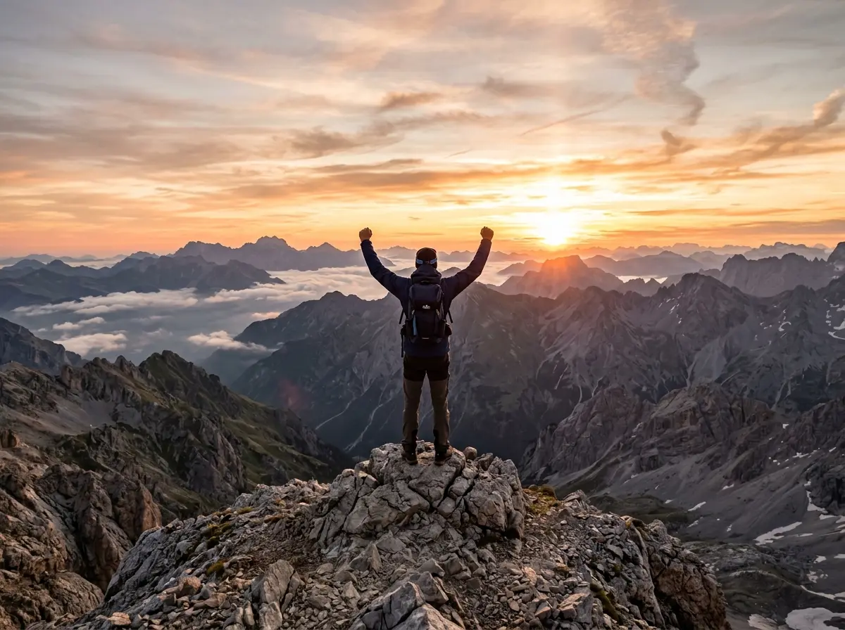 Mensch auf einem Gipfel bei Sonnenaufgang