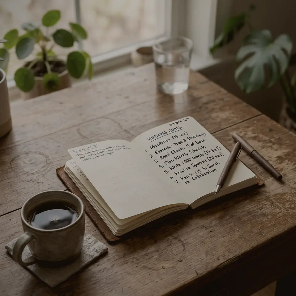 Offenes Notizbuch mit Kaffee