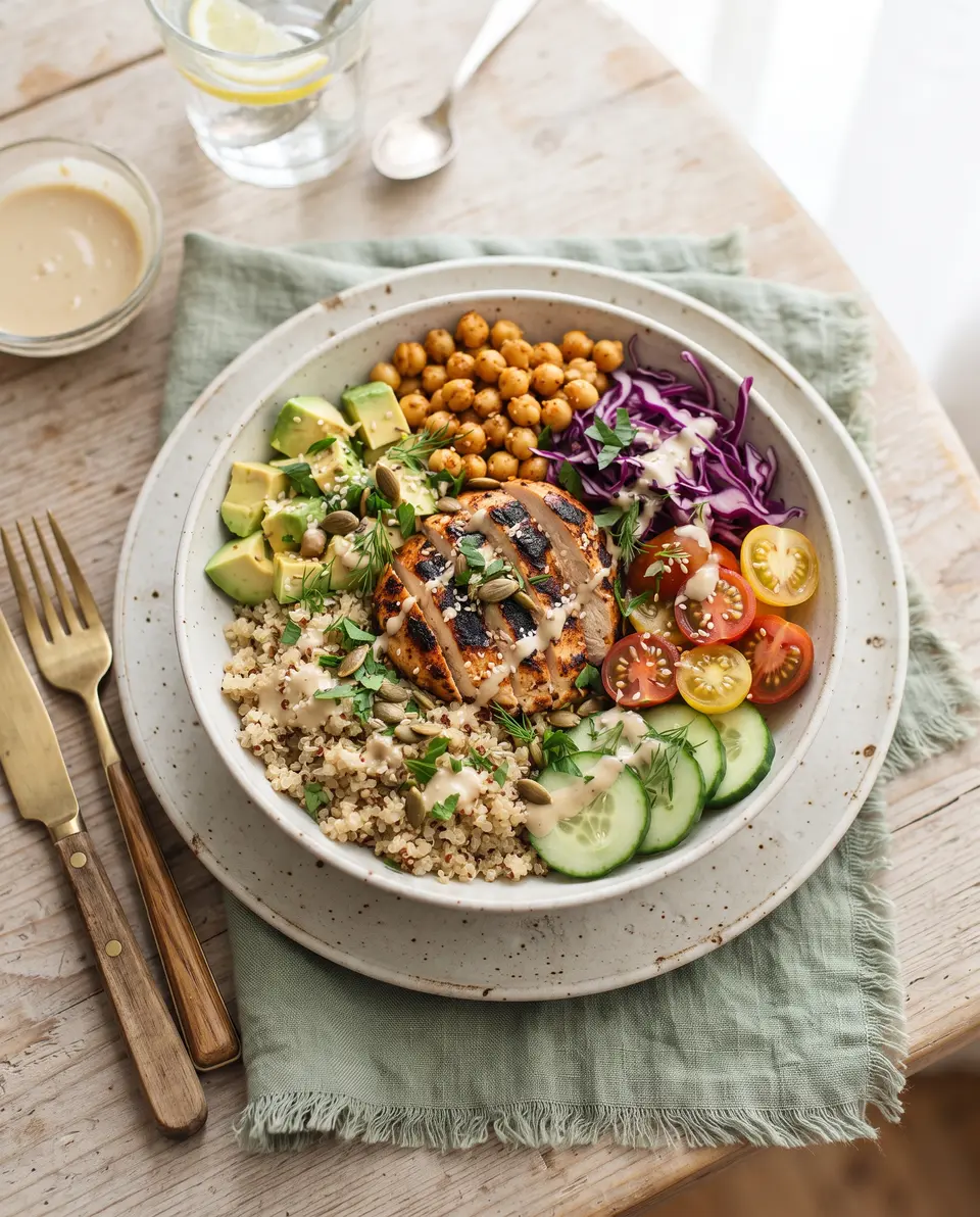 Bunte Bowl von oben mit Quinoa, Hähnchen, Avocado, Kichererbsen, Rotkohl, Gurke und Tomaten