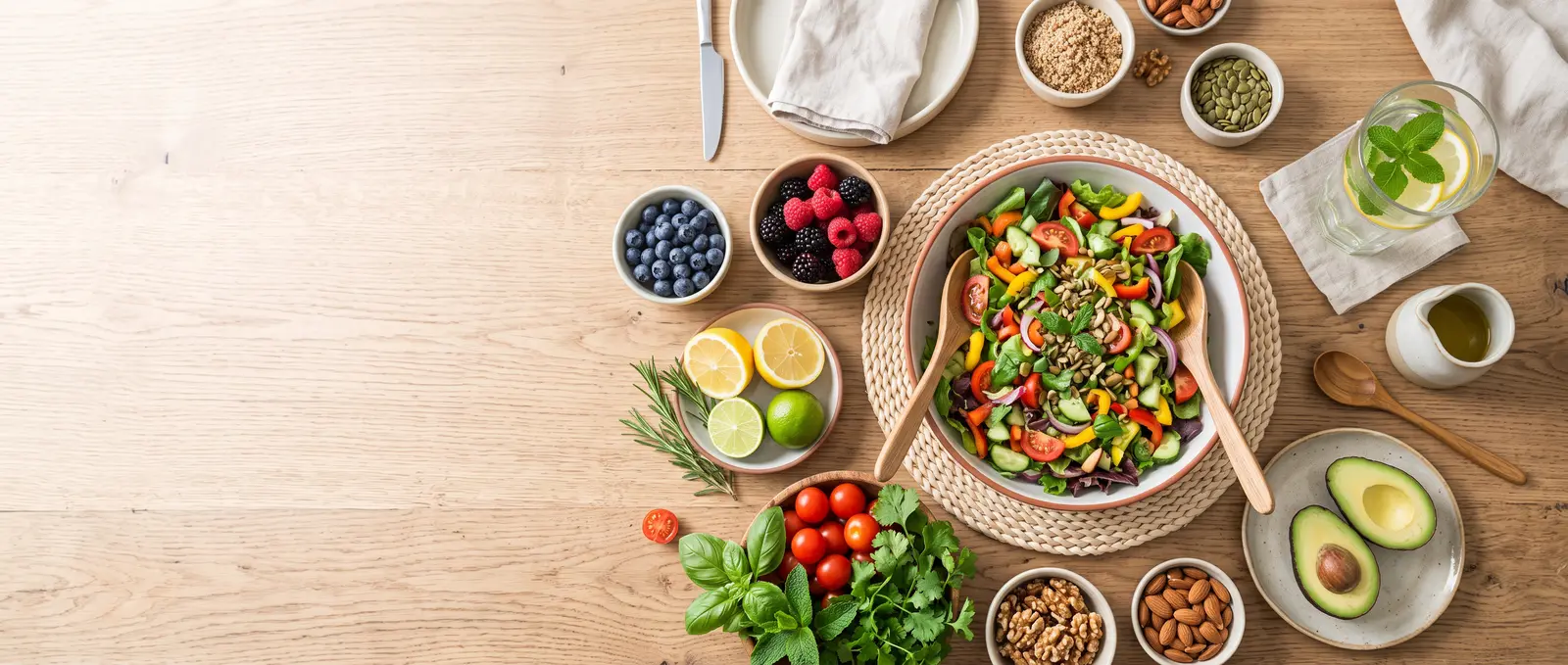 Heller Küchentisch von oben mit buntem Gemüse, Beeren, Salatschüssel, frischen Kräutern und Zitronen