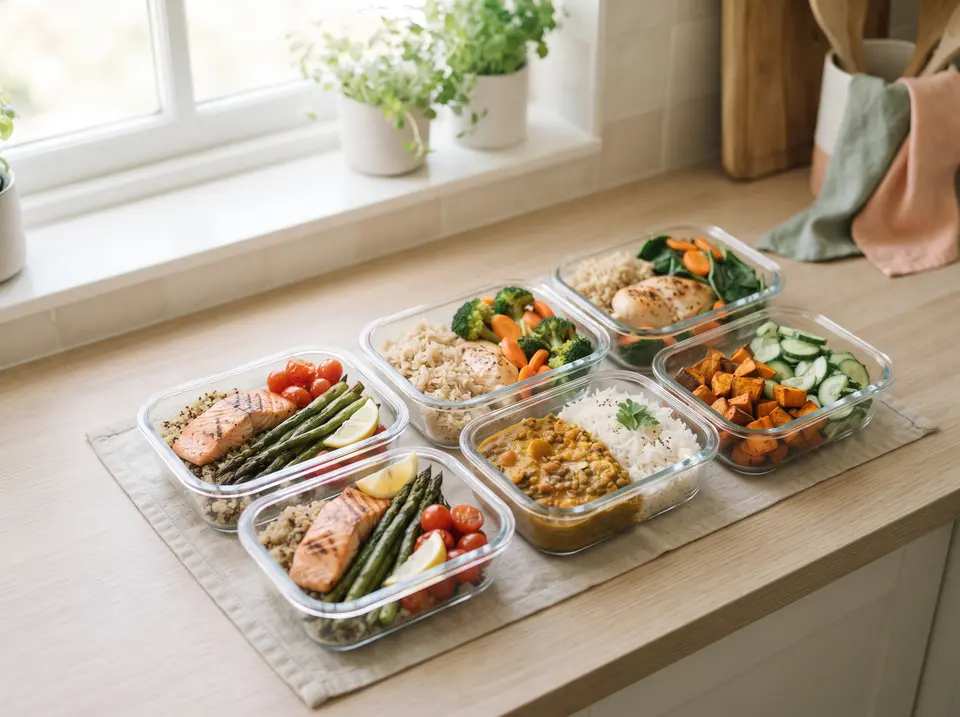 Meal-Prep für die Woche: Glasdosen mit Gemüse, Reis, Fisch, Salat und Linsen auf einer hellen Arbeitsplatte