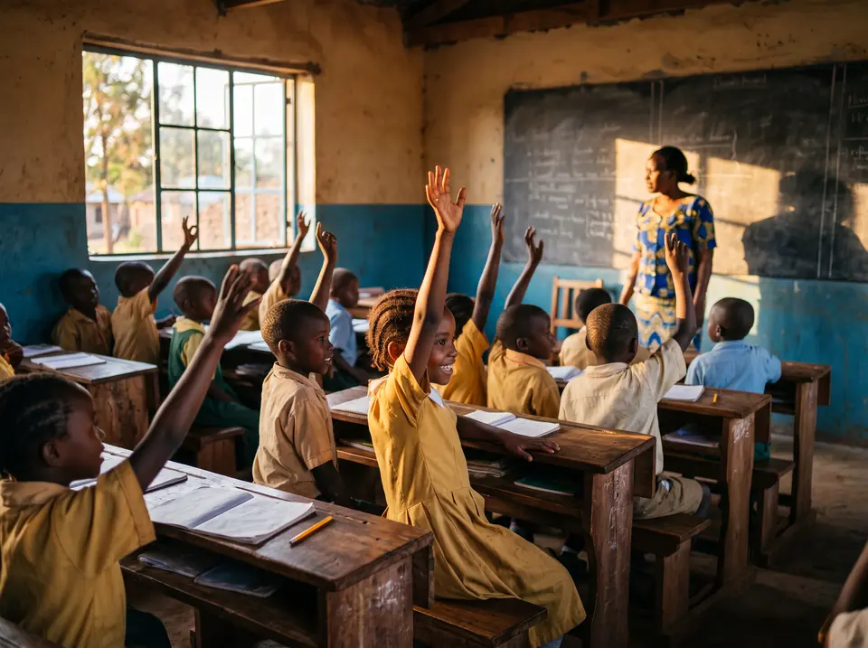 Helles Klassenzimmer, Kinder melden sich, warmes Licht fällt durch die Fenster