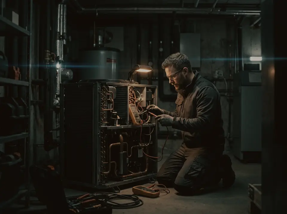 Techniker misst an einer geöffneten Wärmepumpe im Technikraum