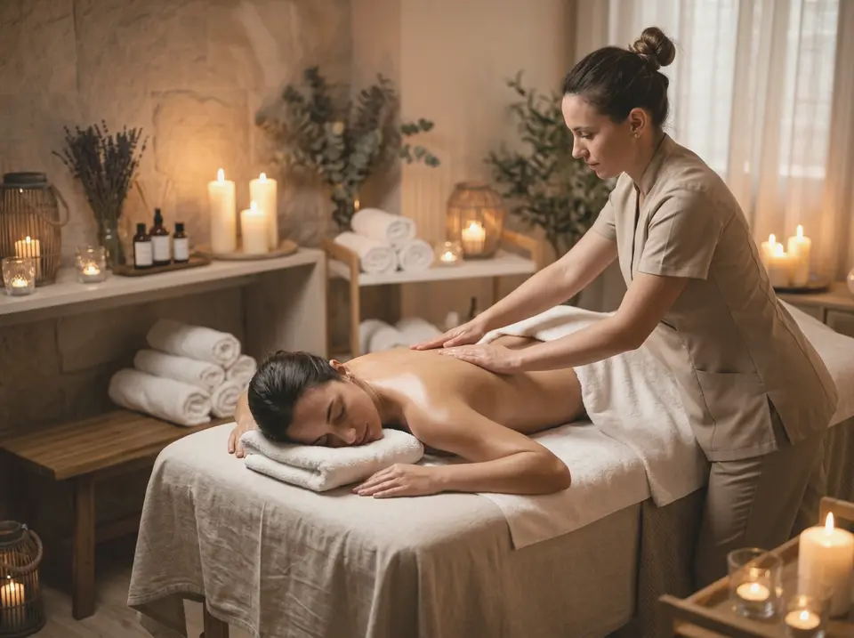Behandlungsraum im Studio mit Kerzenlicht, Handtüchern und entspannender Massage