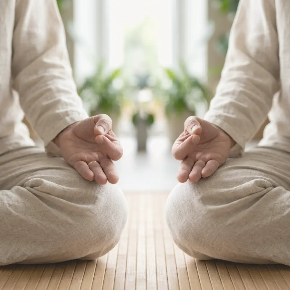Ruhige Wellness-Auszeit: entspannte Hände auf hellem Leinen
