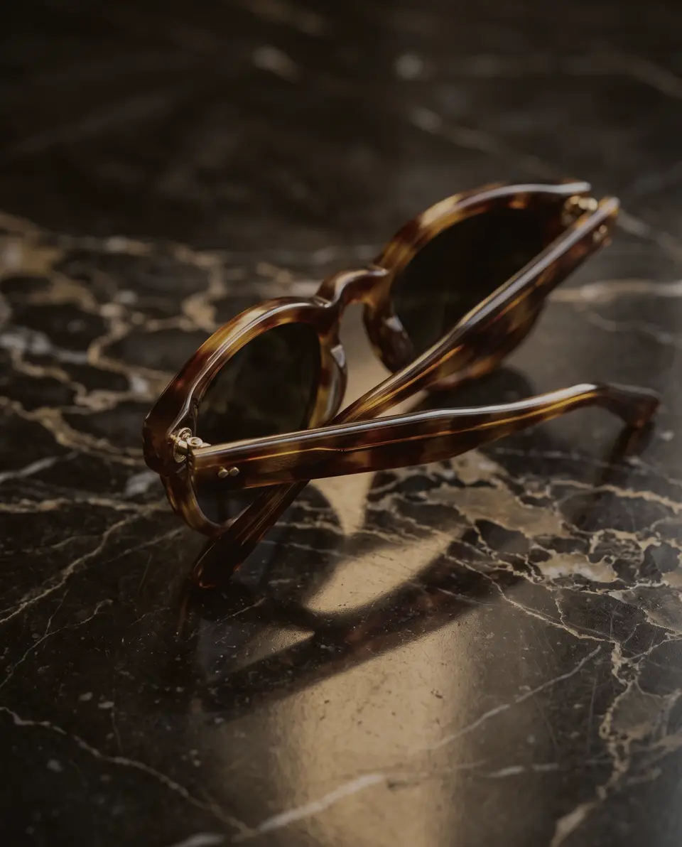 Detailaufnahme einer Sonnenbrille mit goldenem Steg und Verlaufsgläsern im Sonnenlicht
