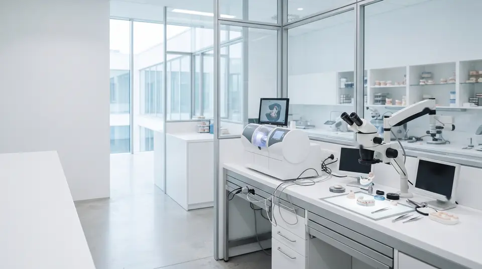 Helles Dentallabor mit Fräsmaschine und Arbeitsplätzen in Weiß und Eisblau