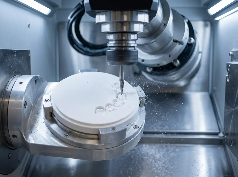 Fünf-Achs-Fräsmaschine fräst Kronen aus einer Zirkon-Ronde