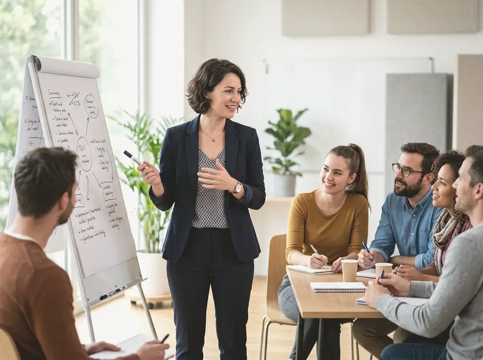 Beraterin erklärt einem Team in einem hellen Besprechungsraum das Vorgehen