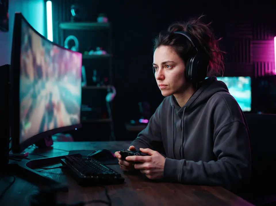 Gamerin mit Headset an ihrem Streaming-Setup mit zwei Monitoren, Mikrofonarm und Neon-Beleuchtung in Magenta und Cyan
