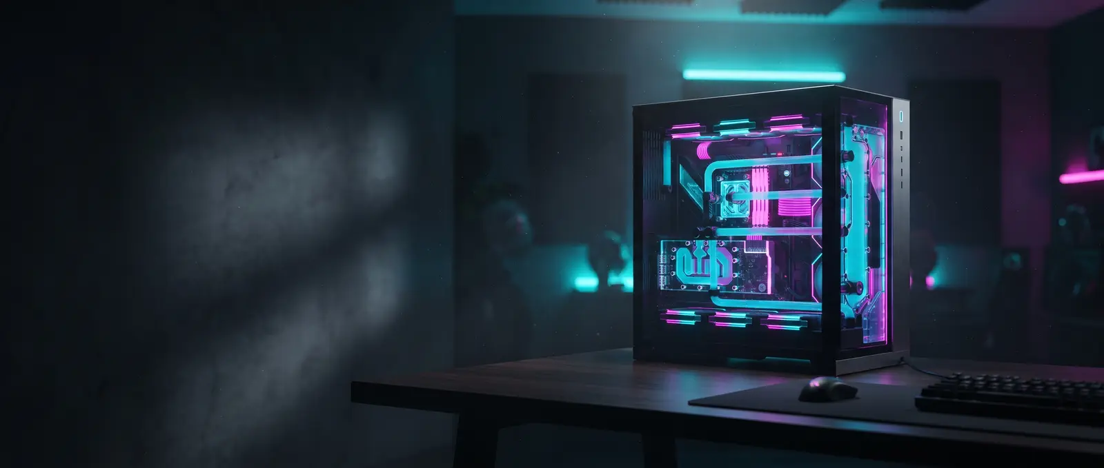 Custom Gaming-PC mit Glasseitenteil, Wasserkühlung und Neon-Beleuchtung in Cyan und Magenta in einem dunklen Raum
