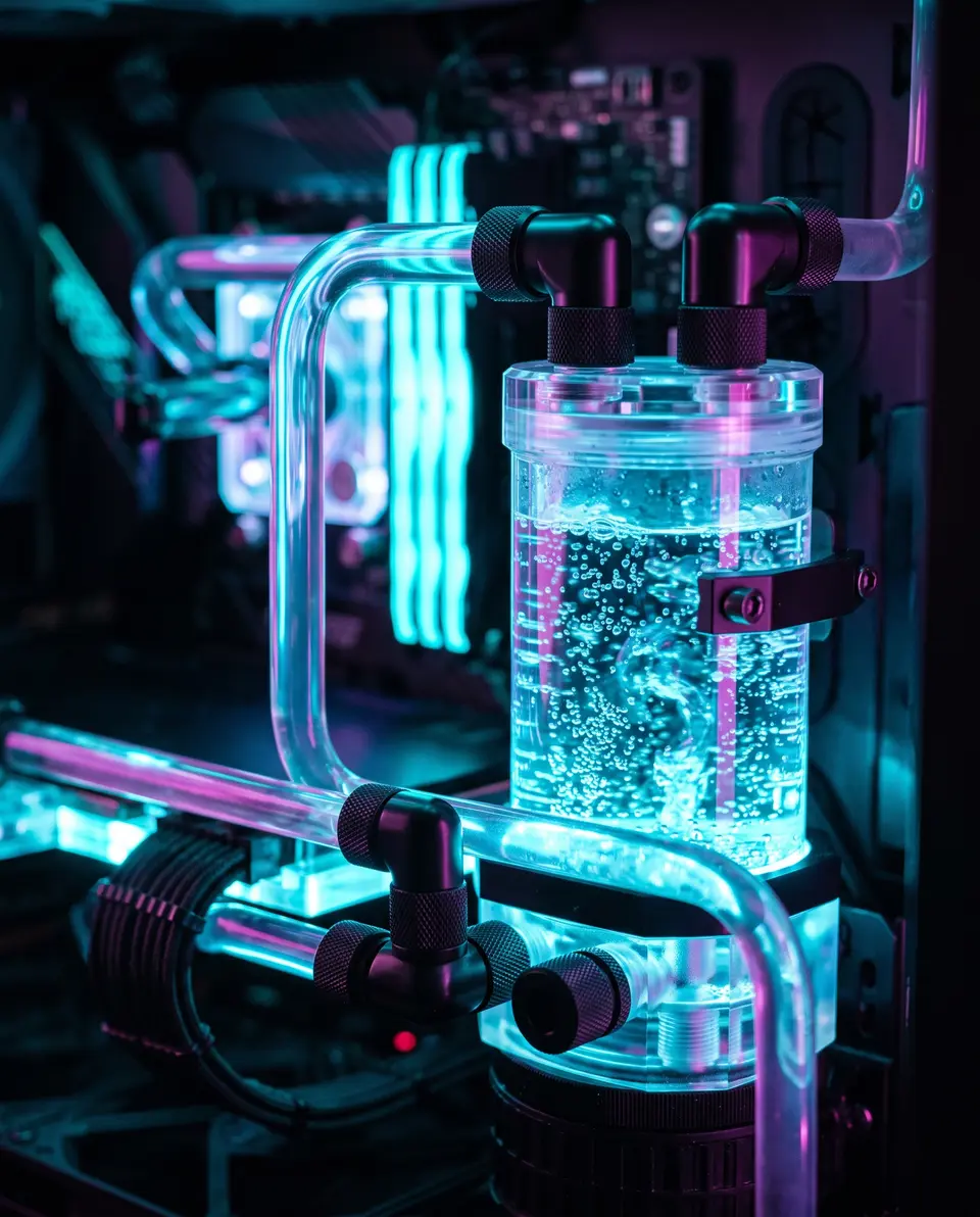 Nahaufnahme einer Custom-Wasserkühlung mit gebogenen Hardtubes, cyanfarbener Kühlflüssigkeit und magentafarbener Beleuchtung
