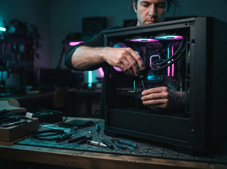 Hände montieren in einer aufgeräumten Werkstatt eine Grafikkarte in ein offenes PC-Gehäuse, daneben Werkzeug und Kabel