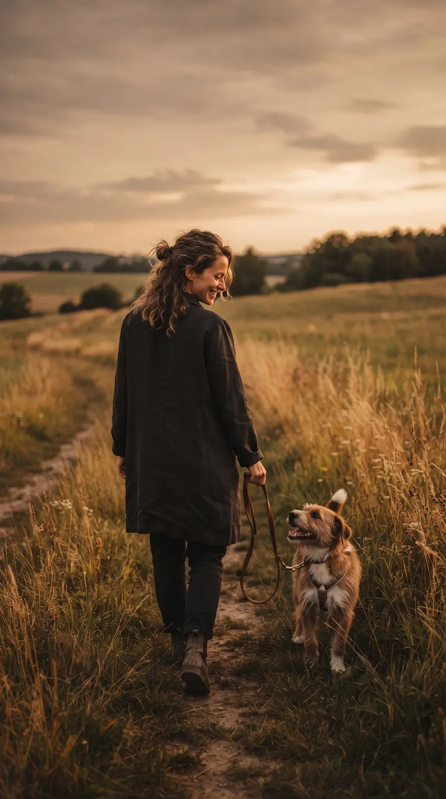 Hund schaut beim Spaziergang aufmerksam zu seiner Halterin hoch