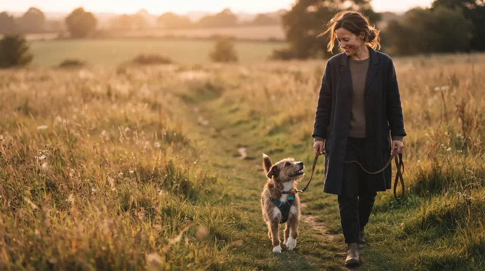 Frau geht mit ihrem Hund entspannt an lockerer Leine über einen Feldweg in der Abendsonne
