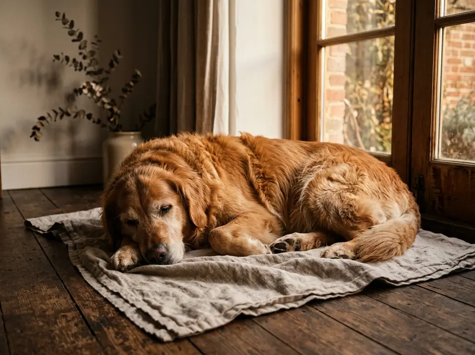 Hund liegt entspannt auf einer Leinendecke am Fenster