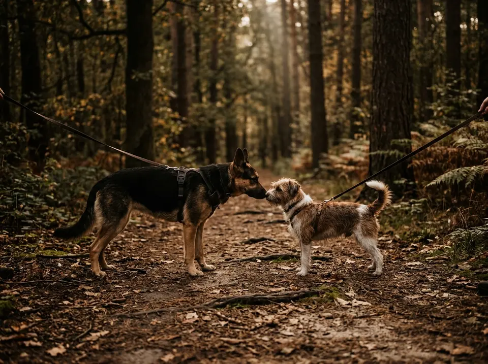 Zwei Hunde begegnen sich ruhig an lockerer Leine auf dem Waldweg
