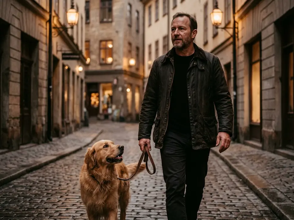 Mann mit Golden Retriever an lockerer Leine in der Altstadt