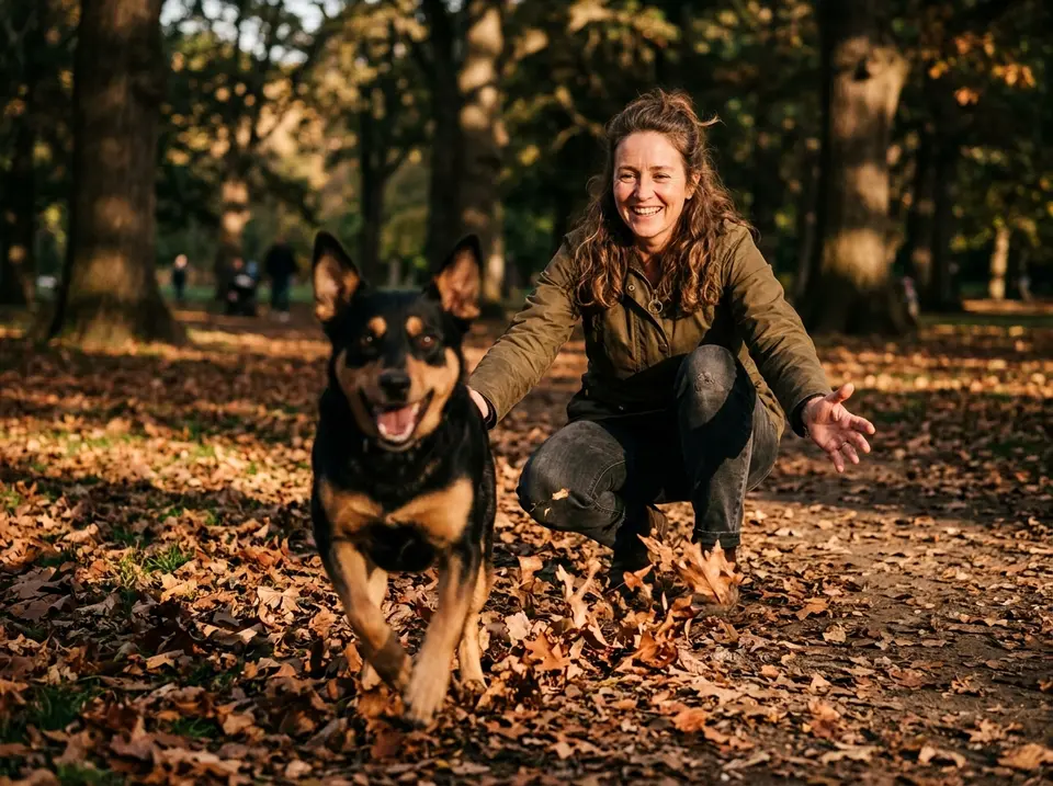 Hund rennt beim Rückruf freudig zu seiner Halterin im Herbstpark