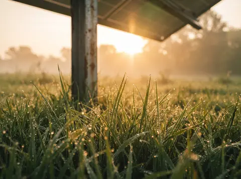 Nahaufnahme: frisches Gras wächst unter der Kante eines Solarmoduls
