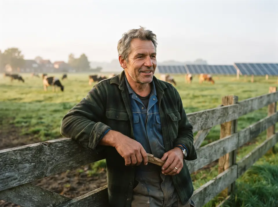 Landwirt an seiner Hofstelle, im Hintergrund die Agri-PV-Anlage über dem Grünland