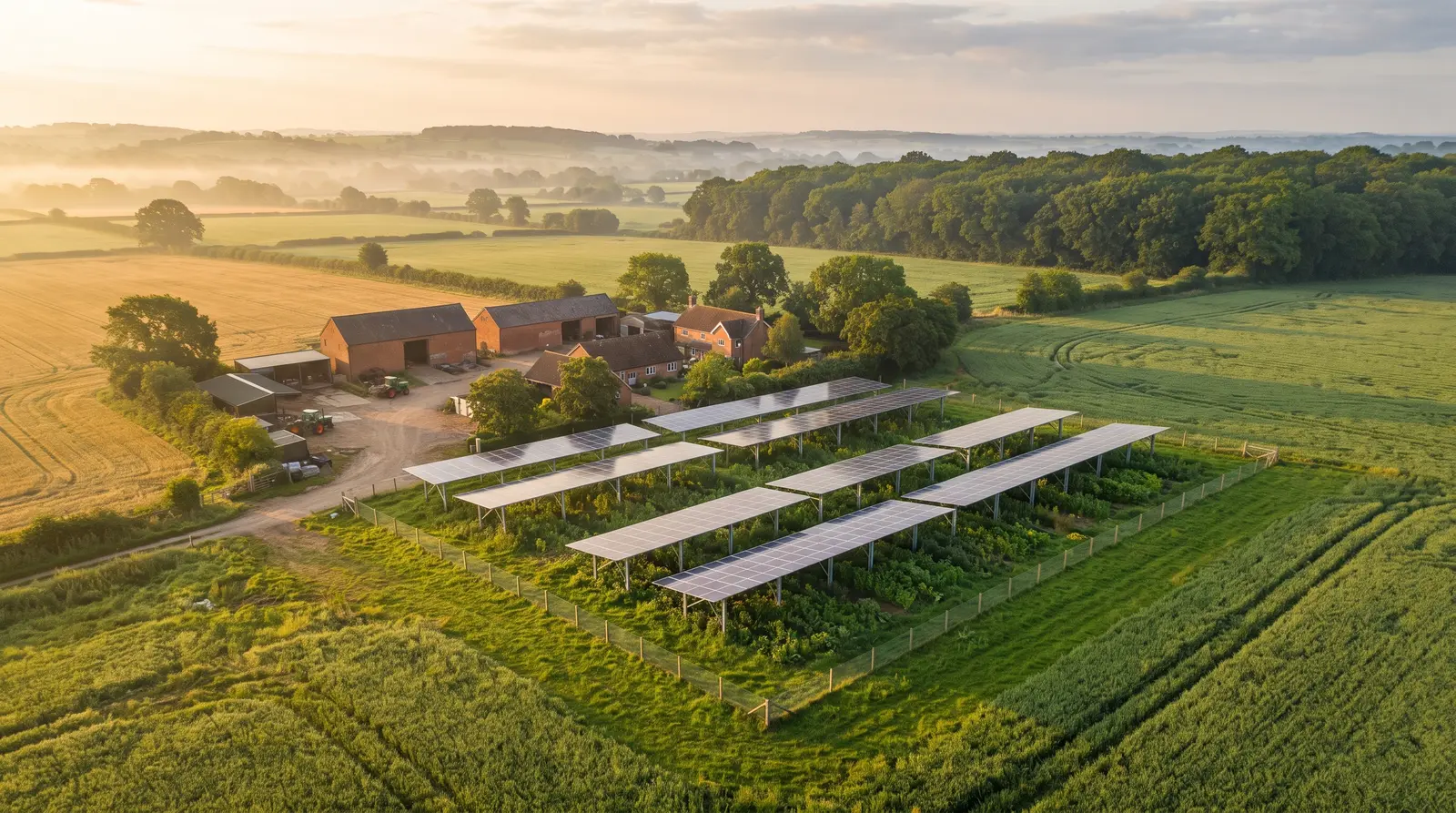 Luftbild einer Agri-PV-Anlage: Modulreihen stehen über grüner Weide direkt neben einem Bauernhof