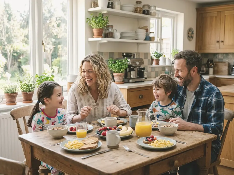 Familie lacht gemeinsam beim Frühstück in der hellen Küche