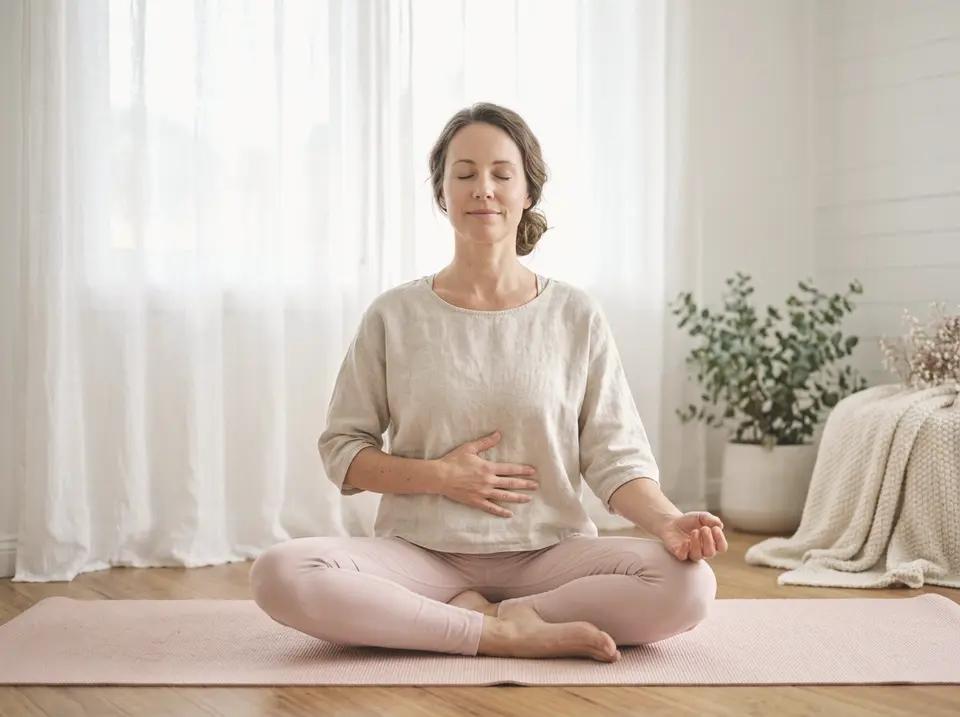 Yogalehrerin Mara meditiert im Schneidersitz im hellen Studio